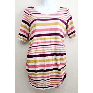 Motherhood Maternity Beige Pink Yellow Striped Top Medium Ruched Sides Stretchy